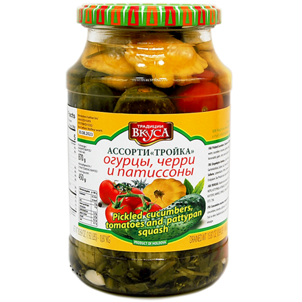 TROYKA PRESERVED CUCUMBERS, PATTYPANS & CHERR. TOMATOES 900G resmi